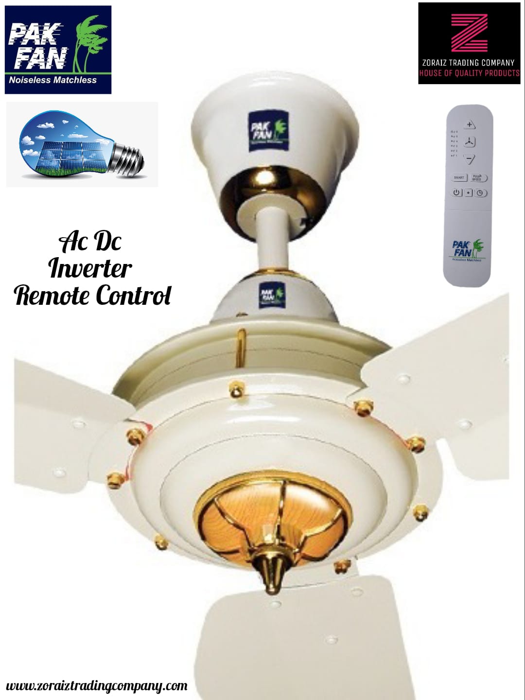 Pak Fan Ceiling 56'' Ac Dc Inverter Energy Saver Remote Control Diamond Model Offwhite Light Wood Pure Copper Wire