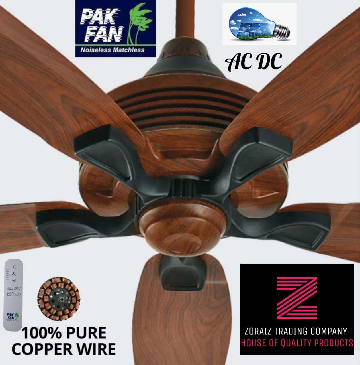 Pak Fan Ceiling 56'' Ac Dc Remote Control Energy Saver Pure Copper Wire Prism Model Dark Wood 5 Blades