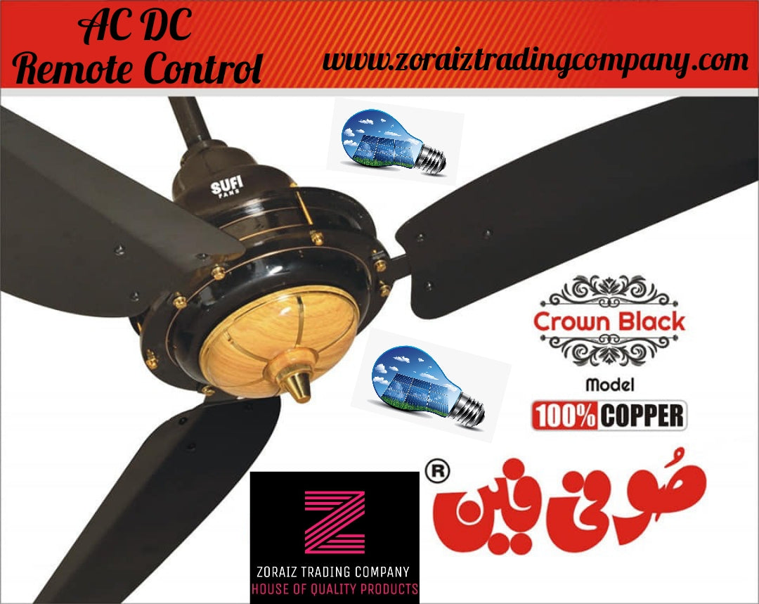 Sufi Fan Ceiling 56’’ Ac Dc Inverter Remote Control Crown Model Black light Wood Pure Copper Wire