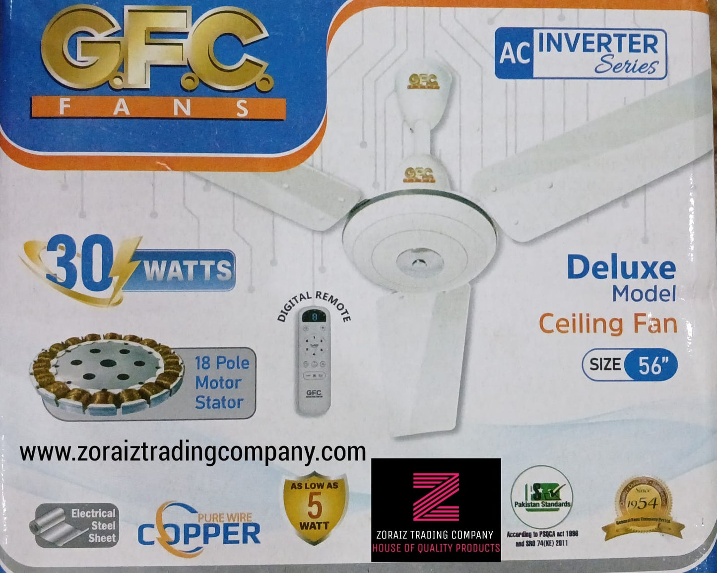 GFC Fans Ceiling 56’’ AC 30 Watts Inverter Deluxe Model 56'' Pure Copper Winding Solar Fan Energy Saver White Color