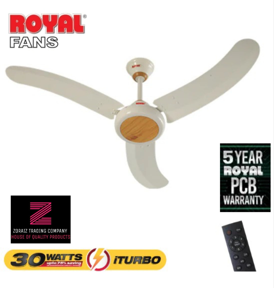 Royal Fans Ceiling Fans Inverter 30 Watt Gallant 56 Inch Copper i-Turbo Remote Control Off-White Light Wood Color