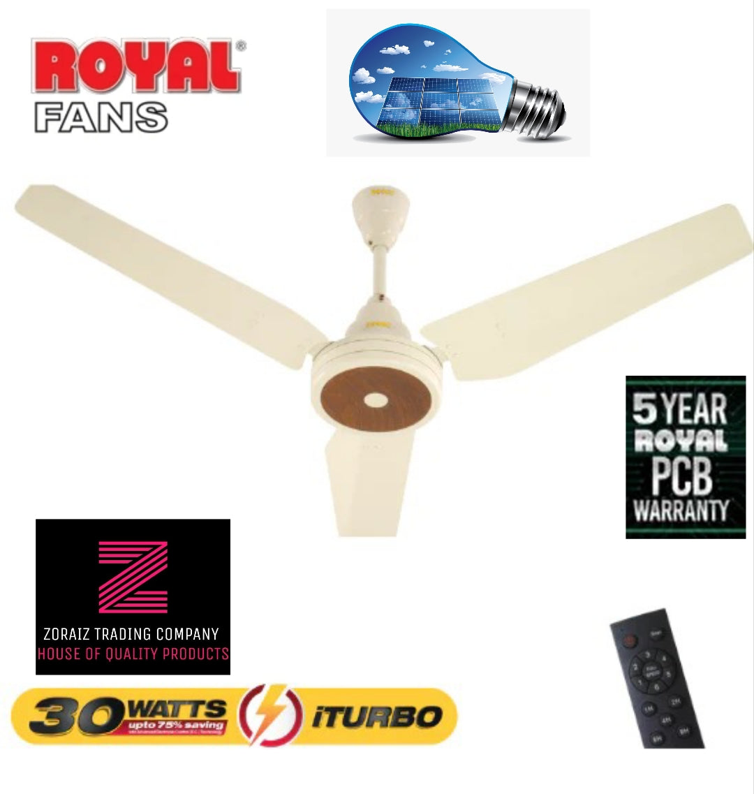 Royal Fans Ceiling Fans Inverter 30 Watt RL-050 56 Inch Copper i-Turbo Remote Control Off-White Light Wood Color